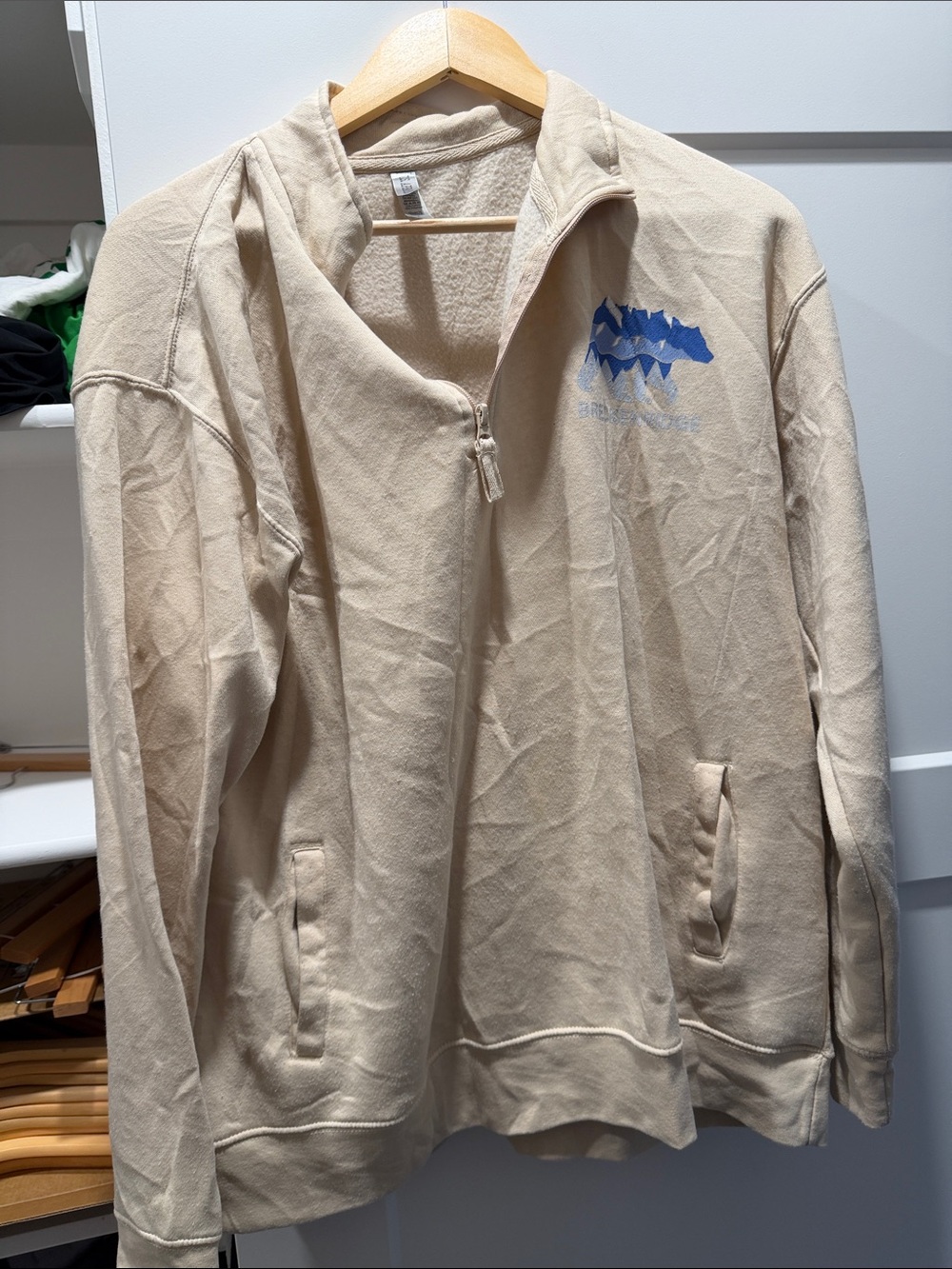Kids Beige Half-Zip Puffer-Style Jacket with Blue Graphic